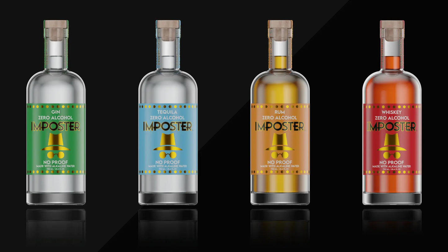 Four flavors of IMPOSTER Beverages, featuring Gin, Tequila, Rum, and Whiskey.