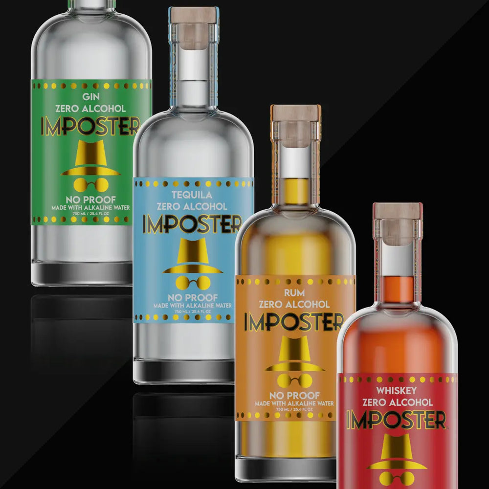 
                  
                    Four various bottles of IMPOSTER spirits, featuring gin, tequila, rum, and whiskey.
                  
                