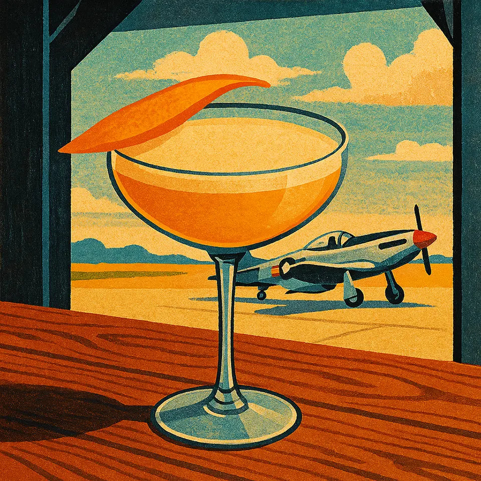 Vintage illustration of an "Army & Navy" cocktail on a wooden table in an airplane hangar with the view of a World War II-era P-51 Mustang in the background.