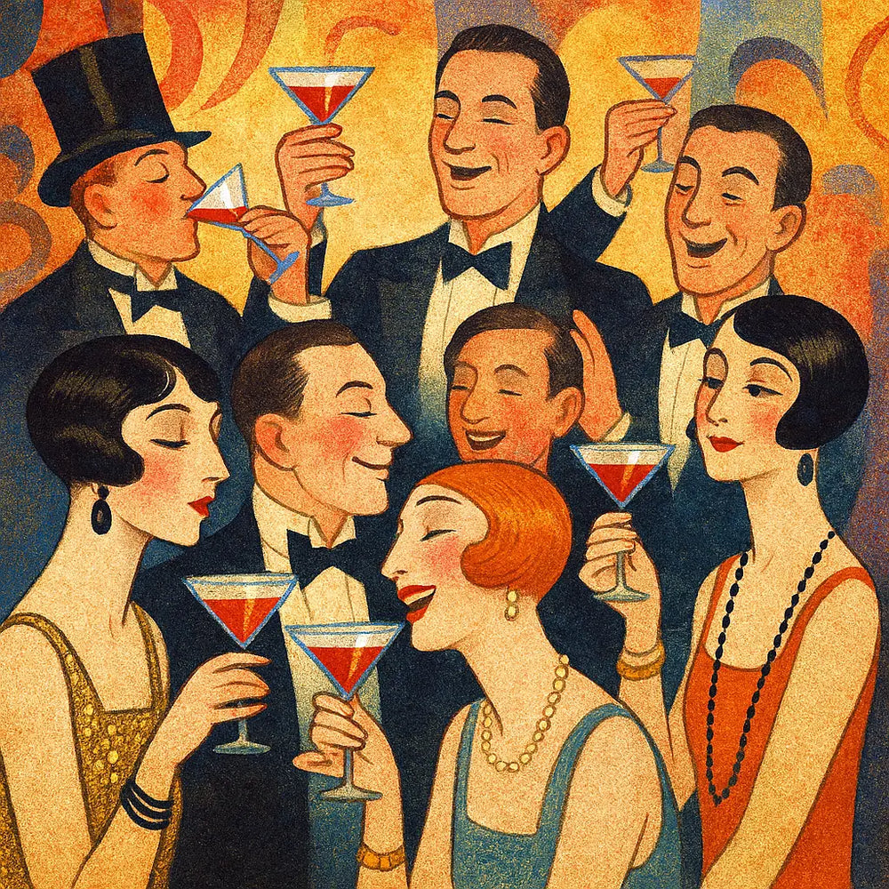 A fancy 1920's era celebration featuring sophisticated cocktails and high-class patrons.