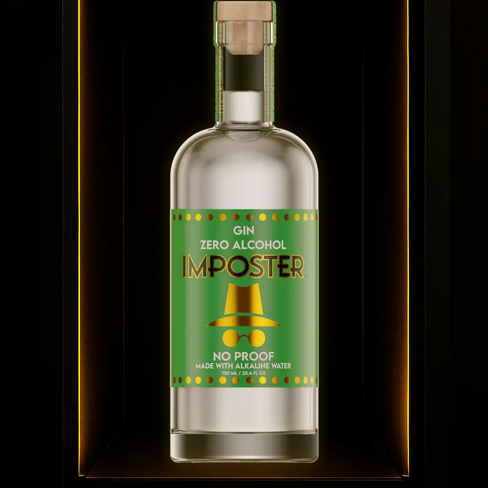 
                  
                    A bottle of IMPOSTER Gin on display in a light box.
                  
                
